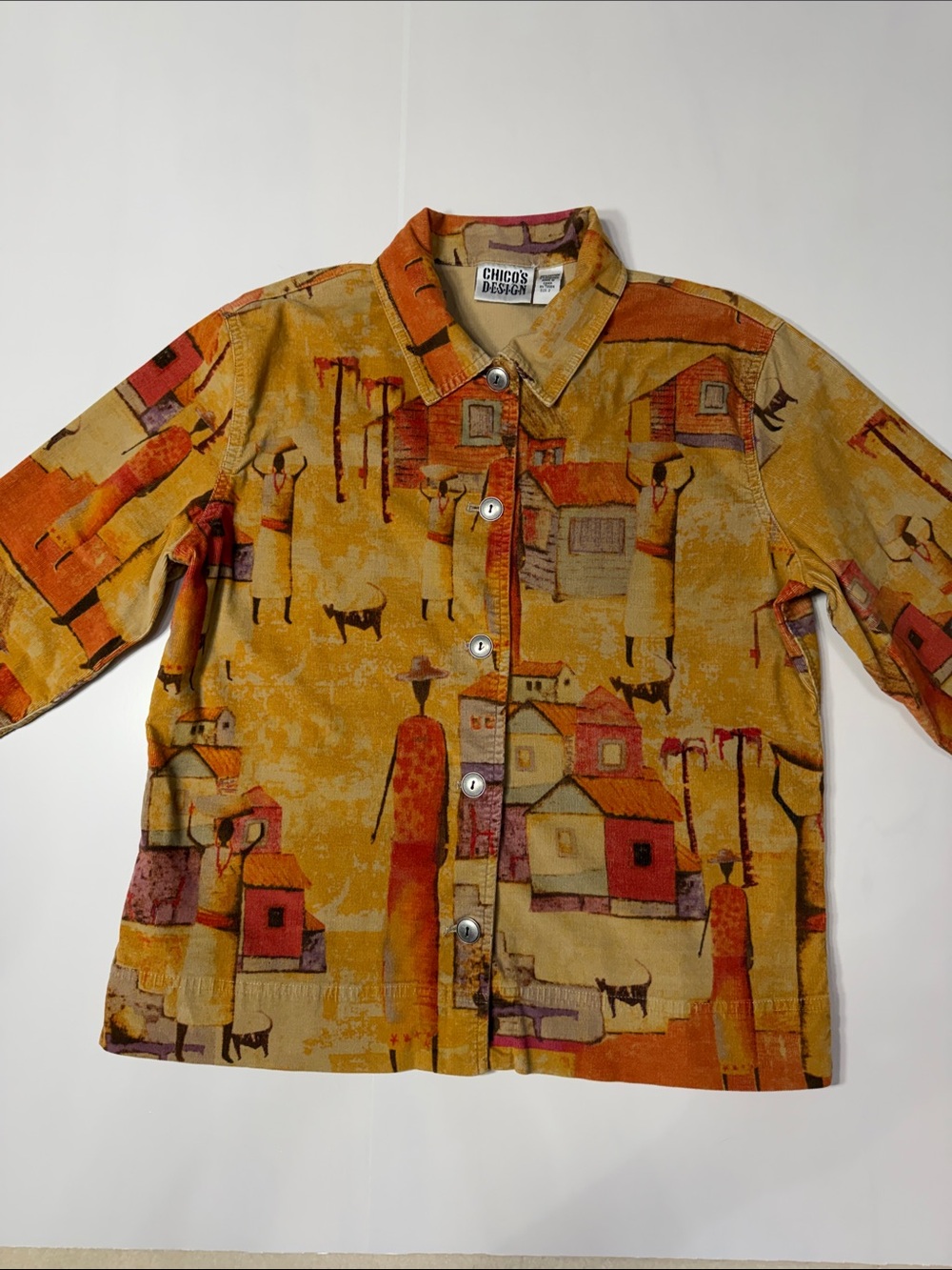 Chico's Art Patterned Button-Front Corduroy Jacket size 2 with 3/4 Sleeves